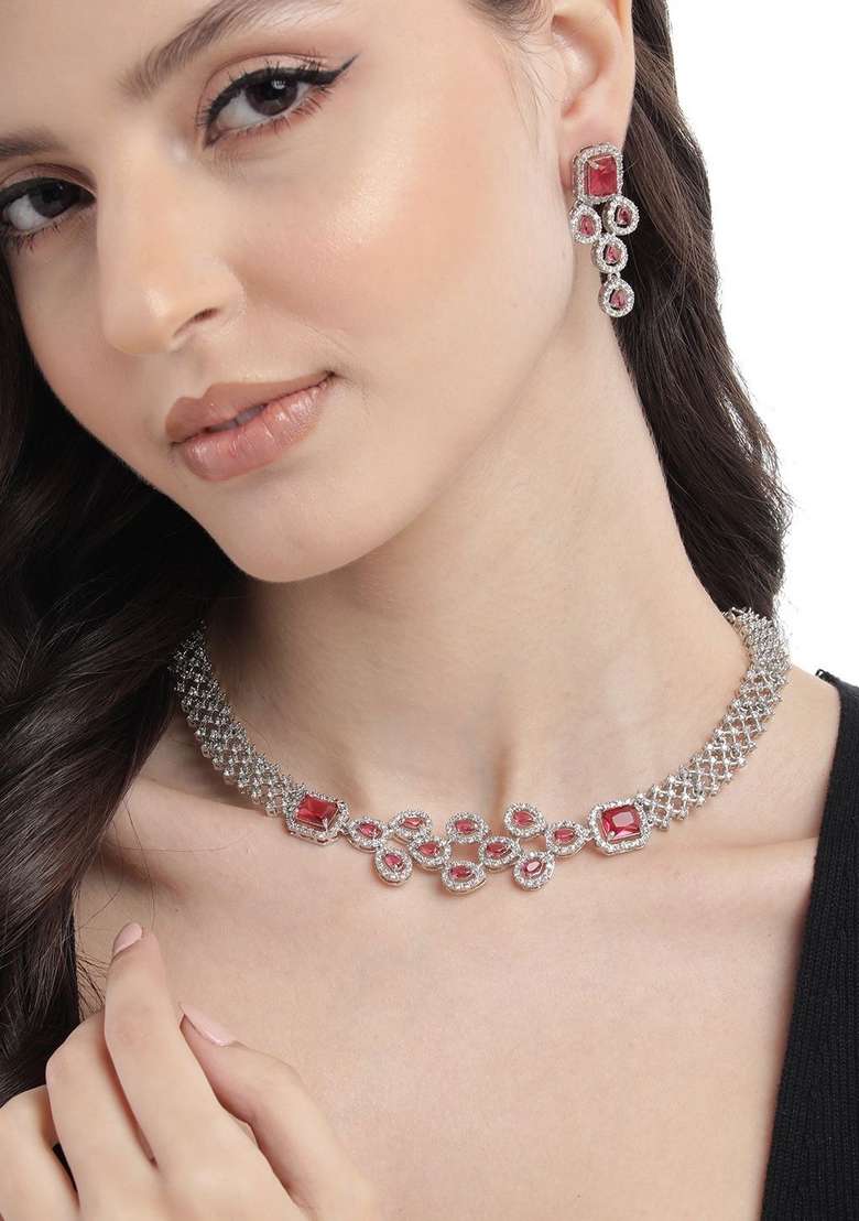 Silver Plated Ad Studded Necklace And Earrings Set - Indya