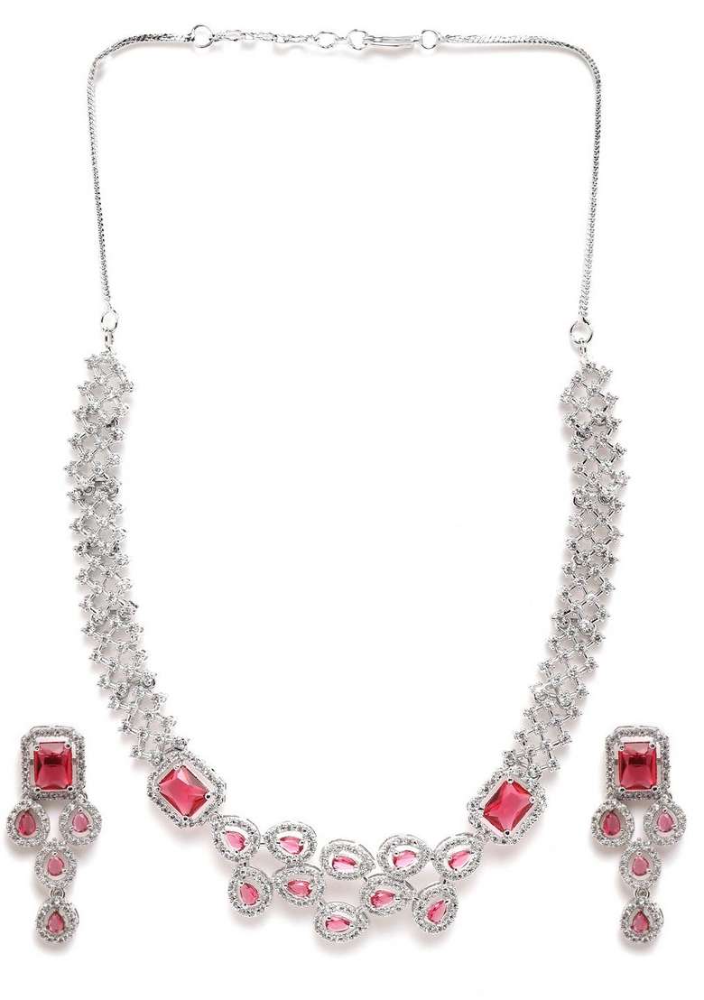 Silver Plated Ad Studded Necklace And Earrings Set - Indya