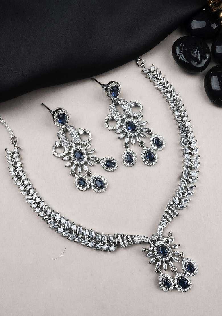 Sliver Plated American Diamond Studded Jewellery Set - Indya