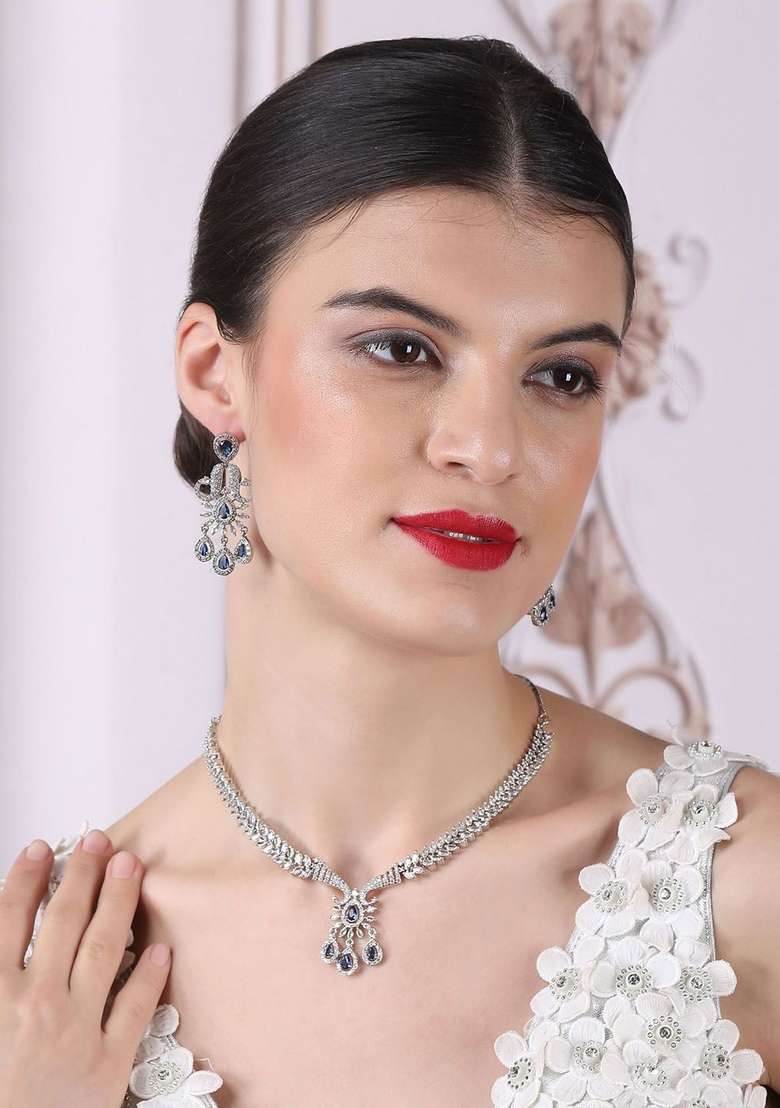 Sliver Plated American Diamond Studded Jewellery Set - Indya
