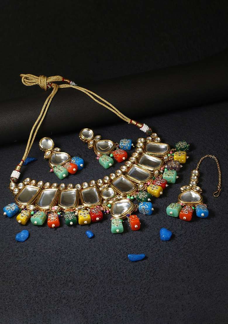 24Kt Gold Plated Kundan Stone Studded Necklace And Earrings - Indya