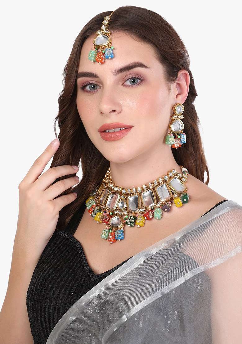 24Kt Gold Plated Kundan Stone Studded Necklace And Earrings - Indya