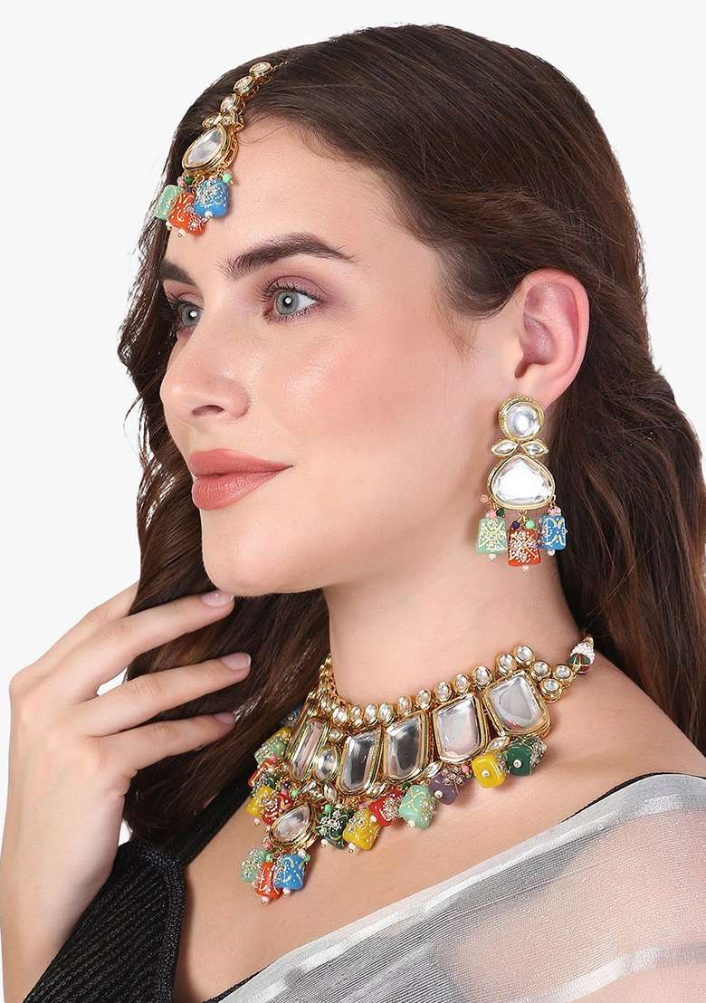 24Kt Gold Plated Kundan Stone Studded Necklace And Earrings - Indya