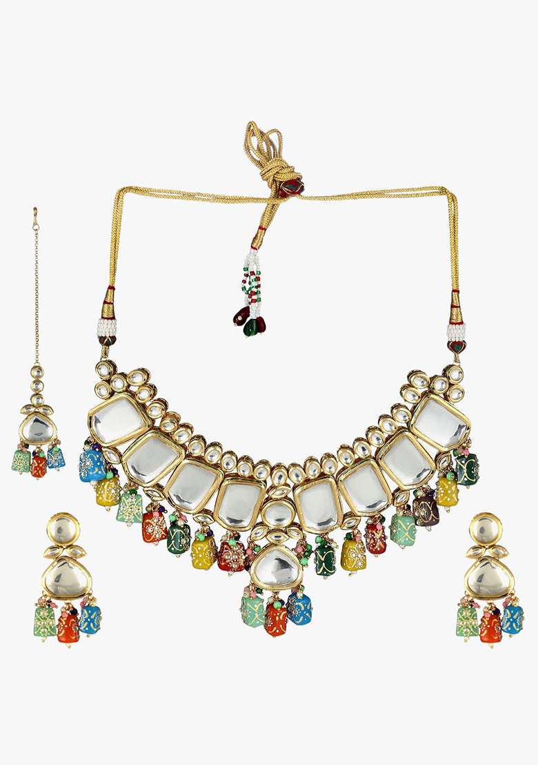 24Kt Gold Plated Kundan Stone Studded Necklace And Earrings - Indya