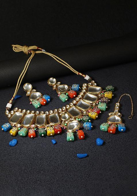 24Kt Gold Plated Kundan Stone Studded Necklace And Earrings