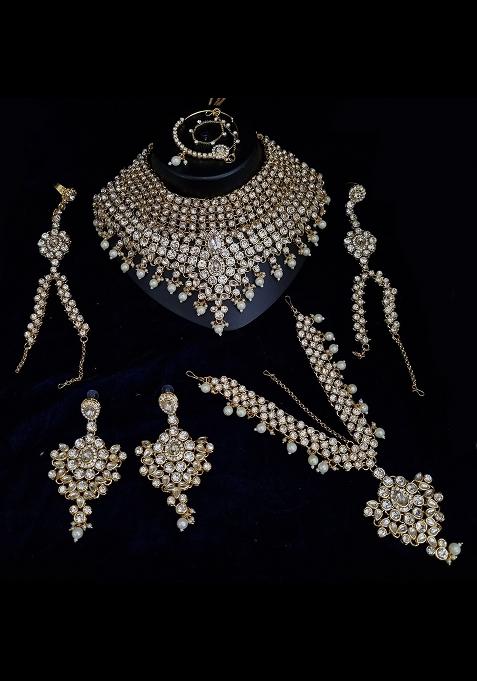 White Silver Alloy Stone And Moti Bridal Set
