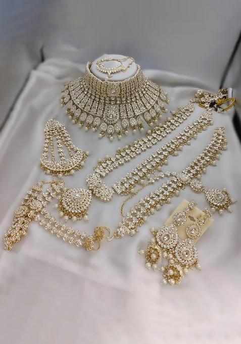 White Alloy Stone And Moti Bridal Set