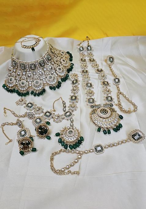 Green Alloy Stone And Moti Bridal Set