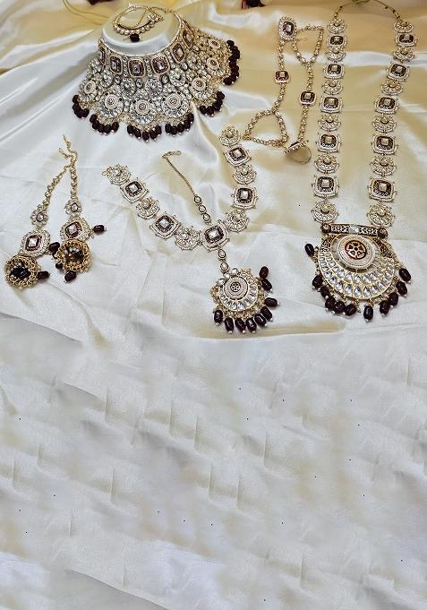 Maroon Alloy Stone And Moti Bridal Set