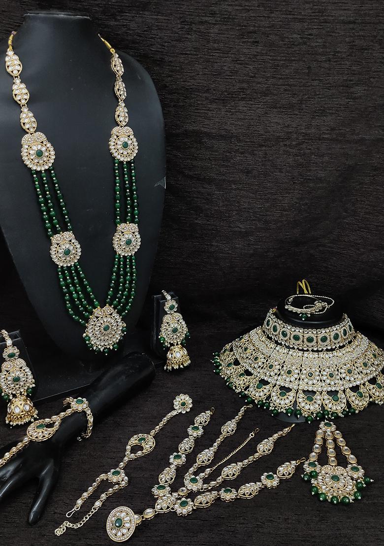 Green Alloy Stone And Moti Bridal Set