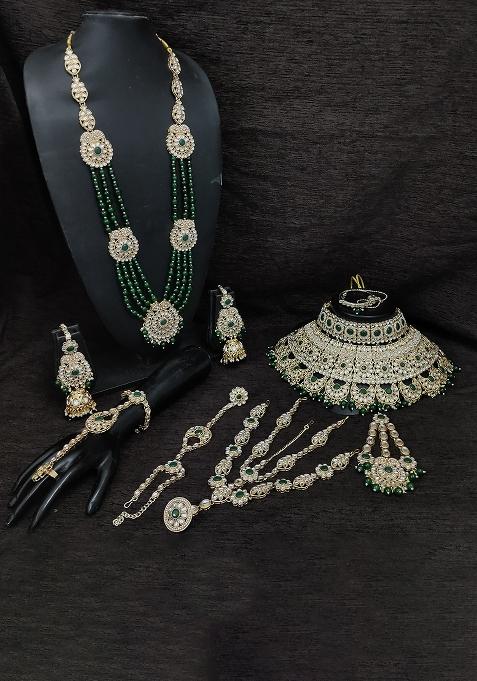 Green Alloy Stone And Moti Bridal Set