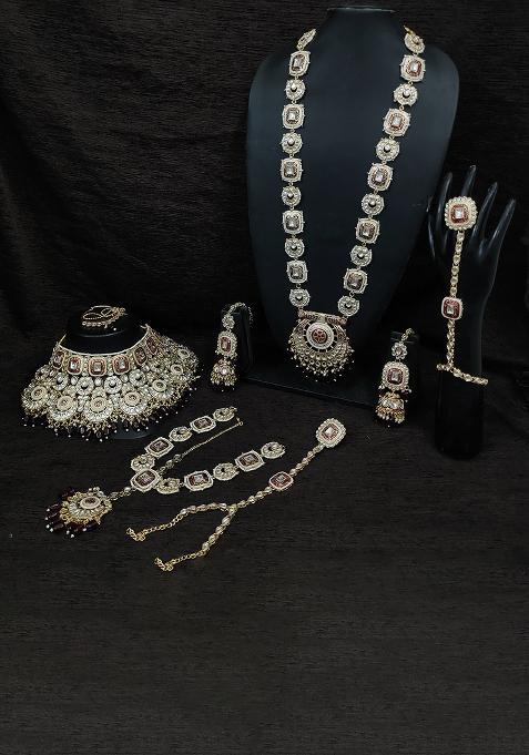 Maroon Alloy Stone And Moti Bridal Set