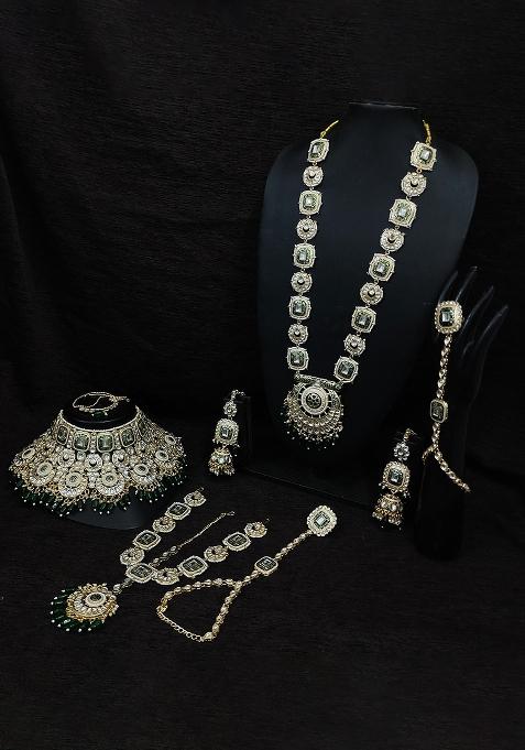 Green Alloy Stone And Moti Bridal Set