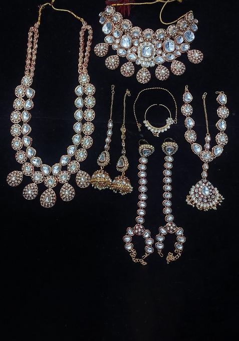 Maroon Alloy Stone And Moti Bridal Set