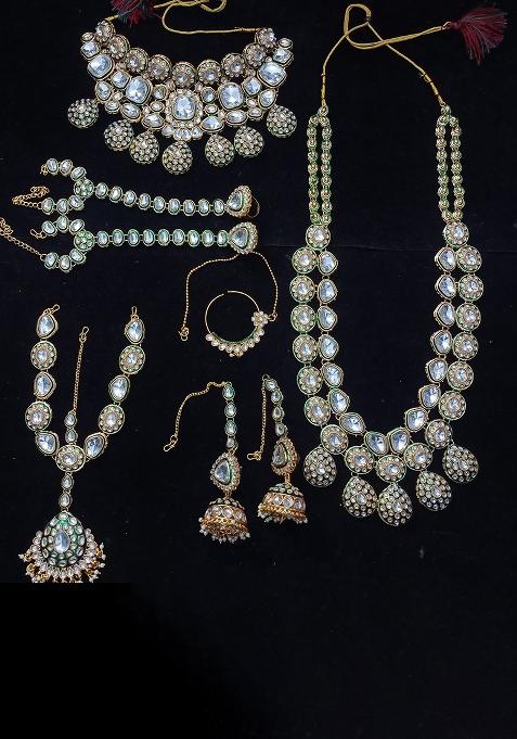 Green Alloy Stone And Moti Bridal Set