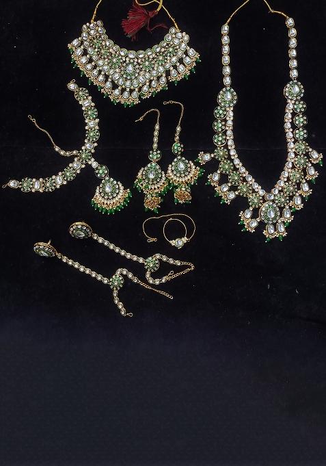 Green Alloy Stone And Moti Bridal Set