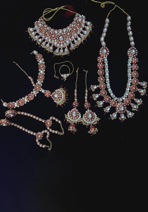 Maroon Alloy Stone And Moti Bridal Set