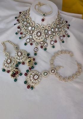 Maroon And Green Alloy Stone And Moti Bridal Set