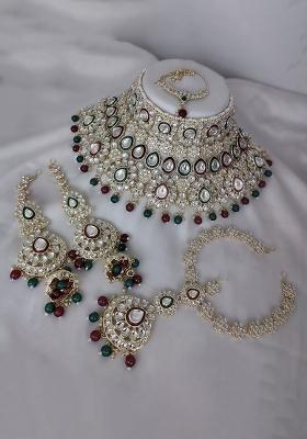 Maroon And Green Alloy Stone And Moti Bridal Set