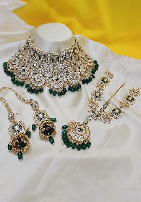 Green Alloy Stone And Moti Bridal Set