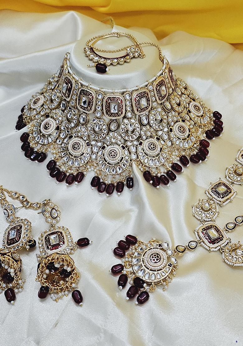 Maroon Alloy Stone And Moti Bridal Set