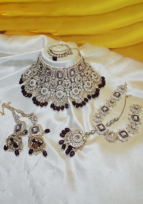 Maroon Alloy Stone And Moti Bridal Set