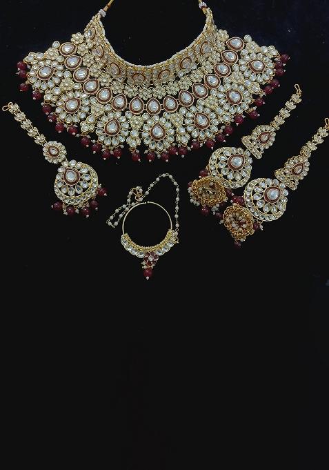 Maroon Alloy Stone And Moti Bridal Set