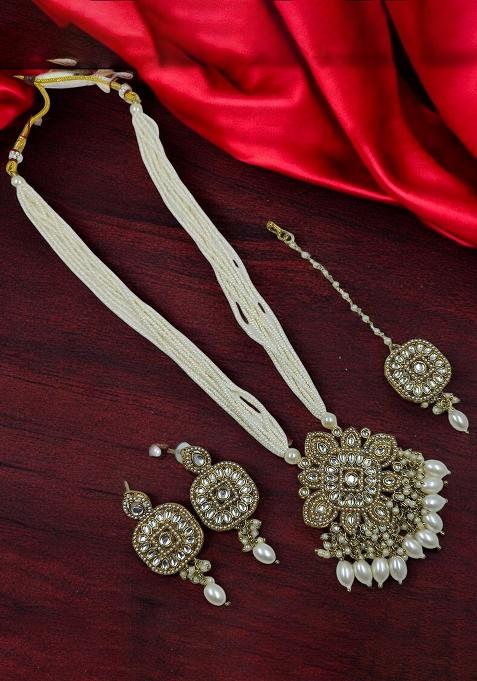 White Alloy Stone And Moti Bridal Set