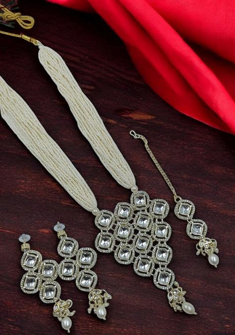 White Alloy Stone And Moti Bridal Set