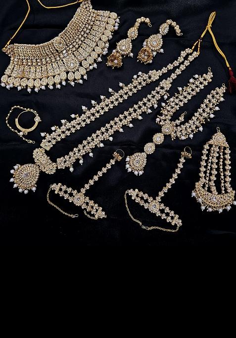 White Alloy Stone And Moti Bridal Set