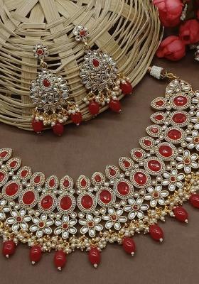 Red Alloy Stone And Moti Necklace Set