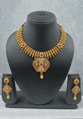 Golden Alloy Stone And Moti Necklace Set