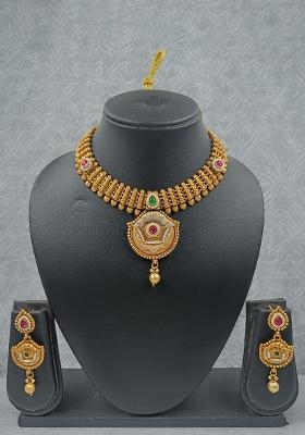 Golden Alloy Stone And Moti Necklace Set