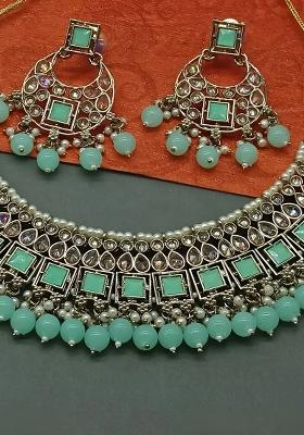 Mint Green Alloy Stone And Moti Necklace Set