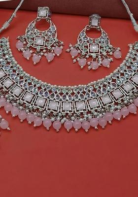 Baby Pink Alloy Stone And Moti Necklace Set