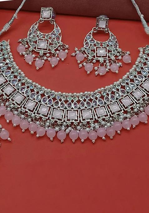 Baby Pink Alloy Stone And Moti Necklace Set