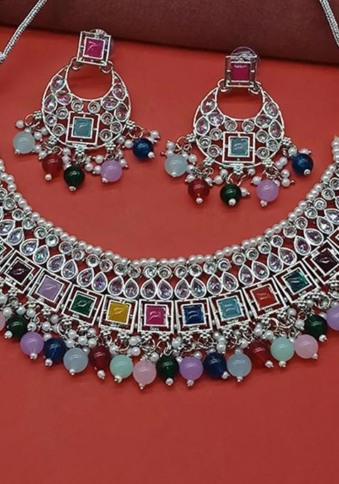 Multi Alloy Stone And Moti Necklace Set