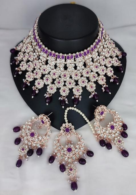 Purple Alloy Stone And Moti Necklace Set