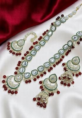 Red Alloy Stone And Moti Necklace Set