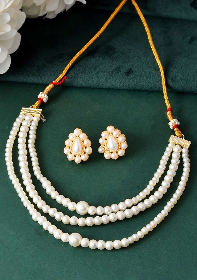 Gold Plated Artifical Pearl Mutli Layer Necklace And Earrings Set - Indya