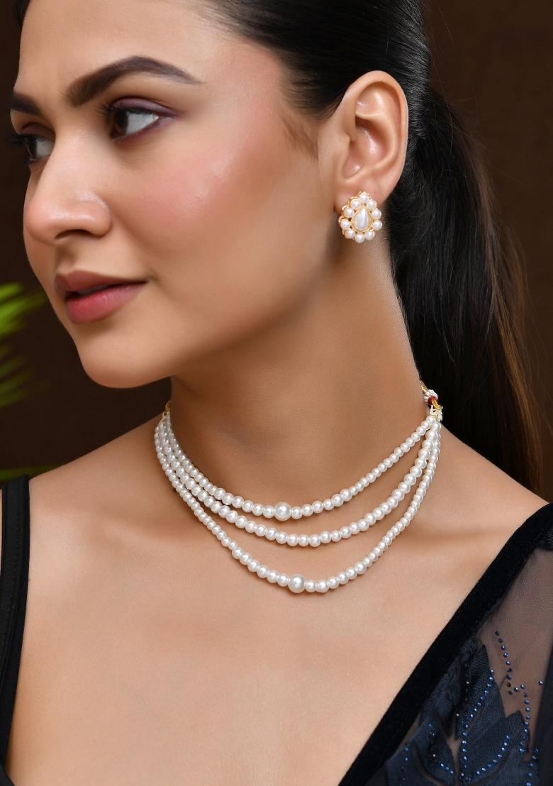 Gold Plated Artifical Pearl Mutli Layer Necklace And Earrings Set