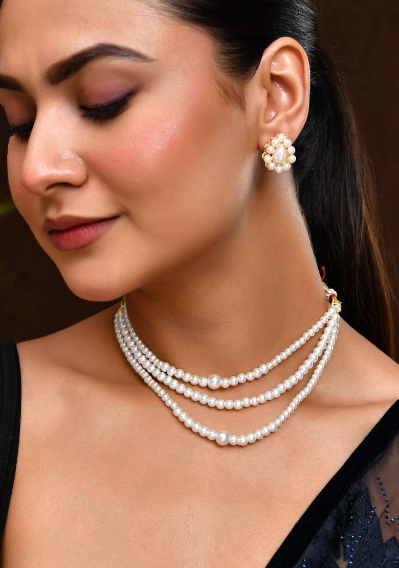 Gold Plated Artifical Pearl Mutli Layer Necklace And Earrings Set - Indya