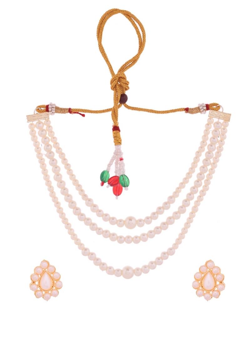 Gold Plated Artifical Pearl Mutli Layer Necklace And Earrings Set