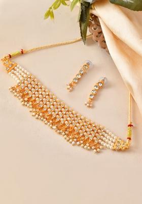 Gold Plated Artifical Beads And Stone Studded Necklace And Earrings Set