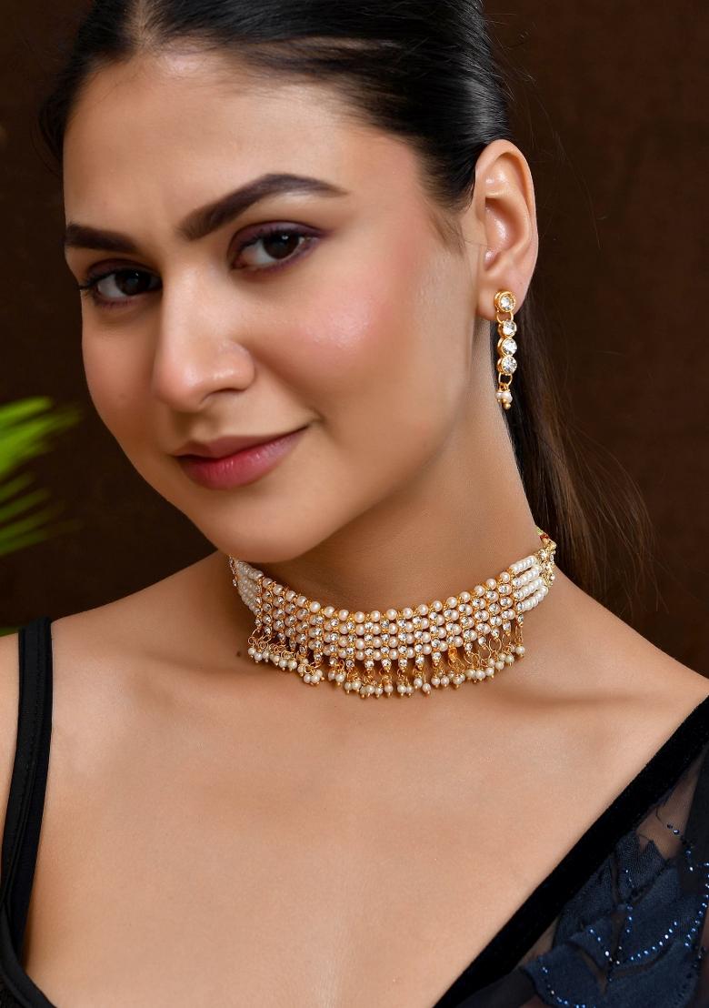 Gold Plated Artifical Beads And Stone Studded Necklace And Earrings Set