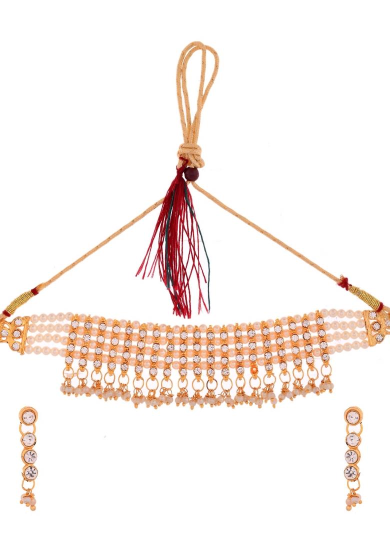 Gold Plated Artifical Beads And Stone Studded Necklace And Earrings Set