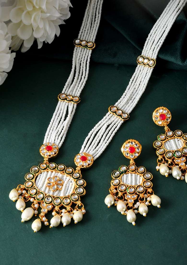 Gold Toned Artificial Beads Studded Long Necklace And Earrings Set - Indya