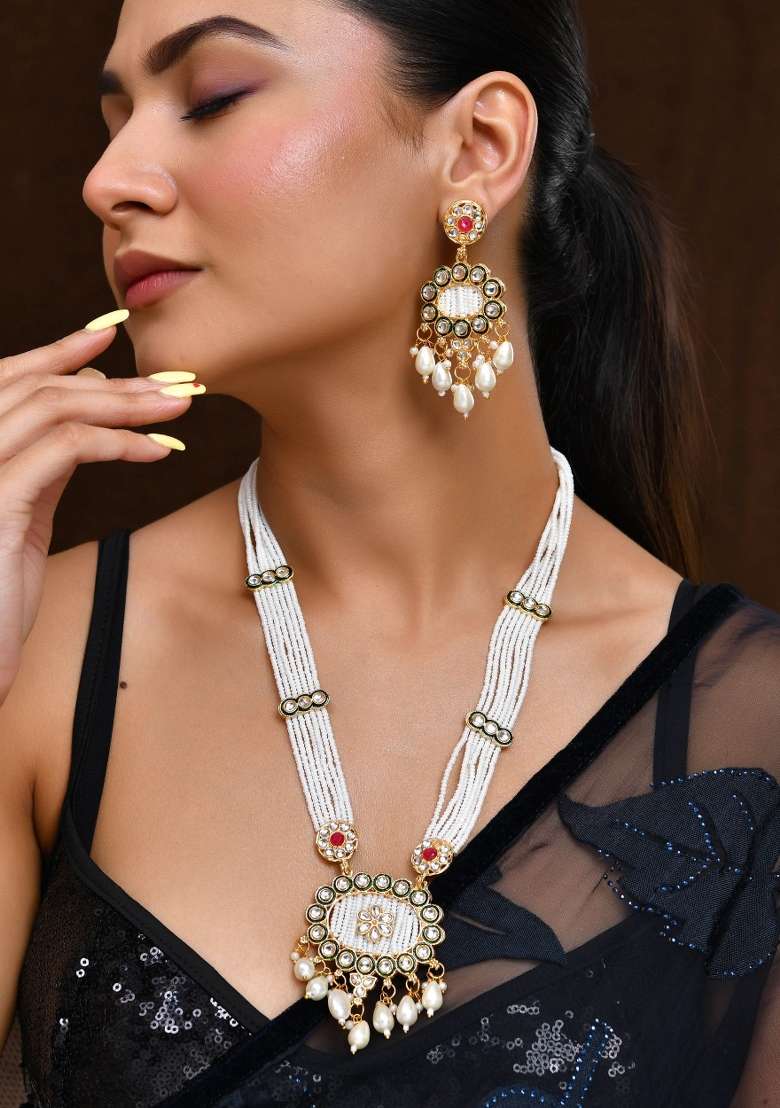 Gold Toned Artificial Beads Studded Long Necklace And Earrings Set - Indya