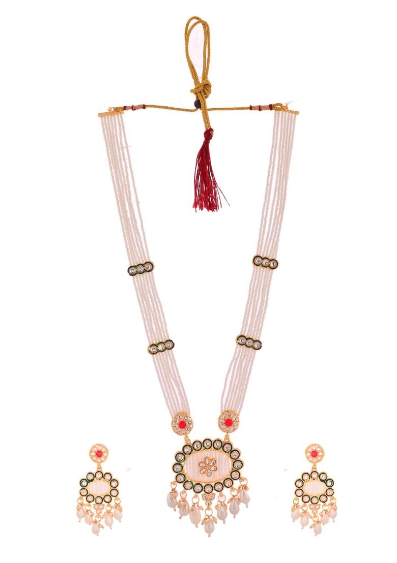 Gold Toned Artificial Beads Studded Long Necklace And Earrings Set