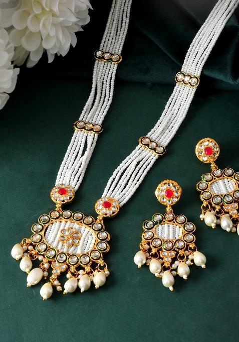 Gold Toned Artificial Beads Studded Long Necklace And Earrings Set